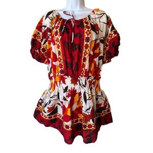 Ashley Stewart 2X Tunic Top Red Floral Tie Neck Short Sleeve Blouse Fall Boho‎